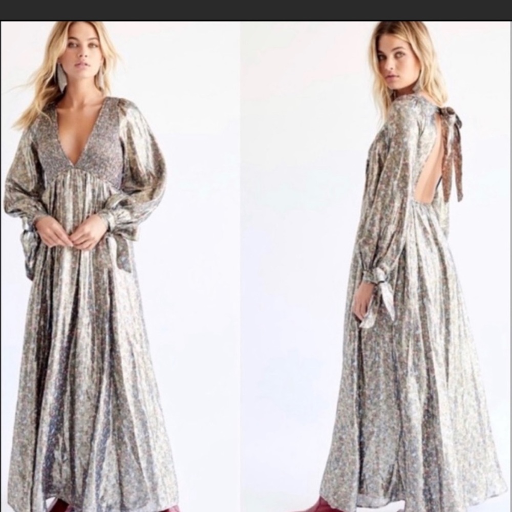 Free People Luxalina Silk Floral Metalic Maxi